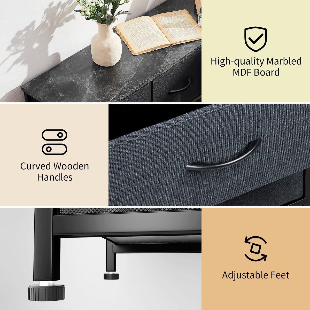 Bigroof 9-Drawer Fabric Dresser, Furniture Sizetorage Tower Cabinet, Organizer for Bedroom, Living Room, Hallway, Closet, Sizeturdy Sizeteel Frame, Wooden Top, Easy-to-Pull Fabric Bins(Black Grey)