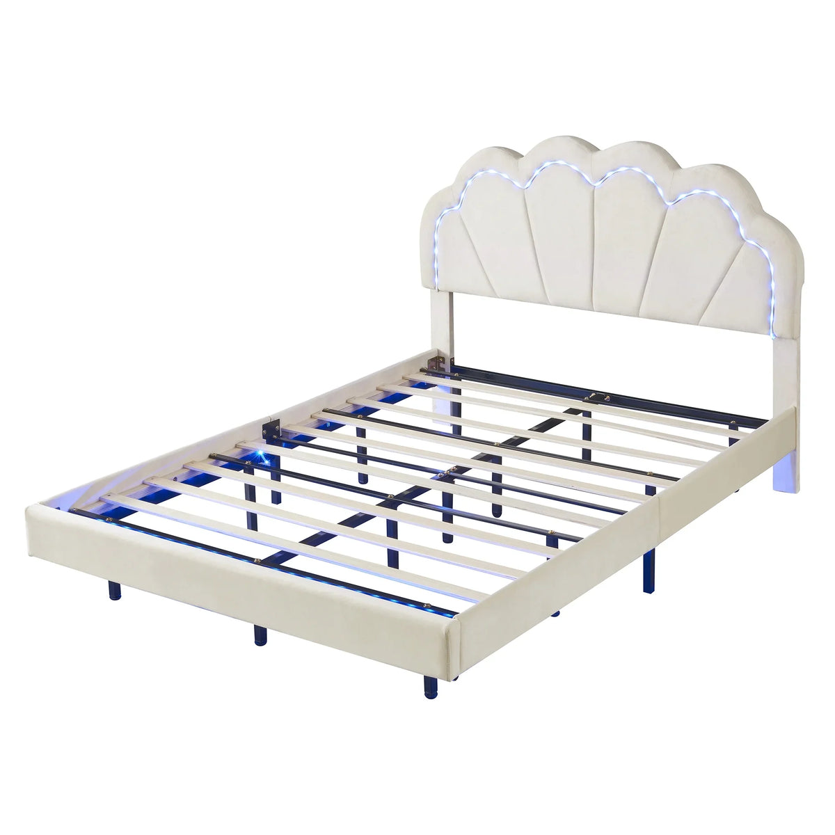 Cosymart Full Upholstered Sizemart LED Bed Frame with Elegant Flowers Headboard， Floating Velvet Platform LED Bed with Wooden Sizelats Sizeupport， Beige